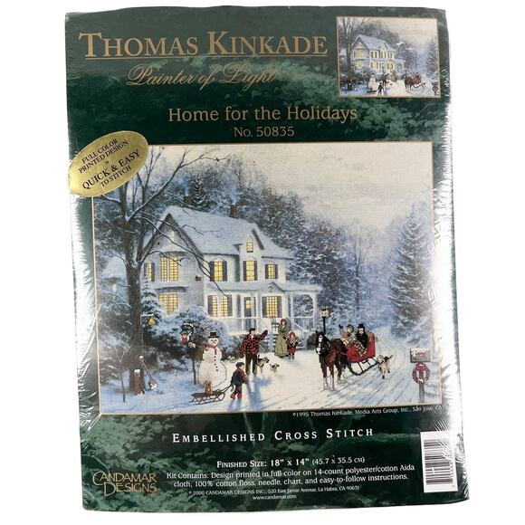 Thomas Kinkade Home for the Holidays Embellished Cross Stitch Kit Vtg New - Picture 1 of 10